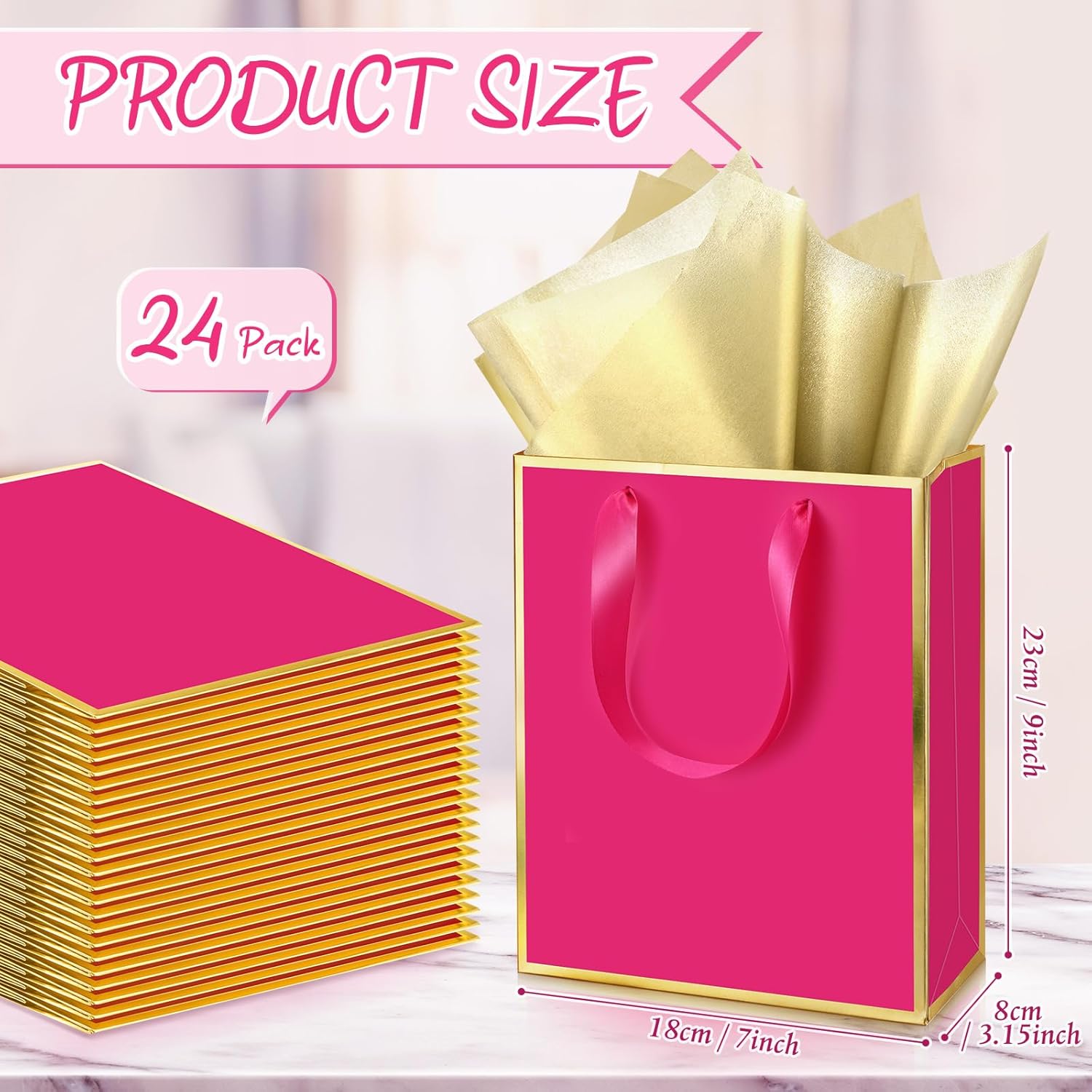 Yeaqee 24 Pack Metallic Paper Gift Bags with Handle and Tissue 9x7x3.1 Gold Foil Welcome Thank You Favor Bags Return Gifts for Wedding St. Patrick's 5 Senses Bridesmaid Birthday(Hot Pink and Gold)
