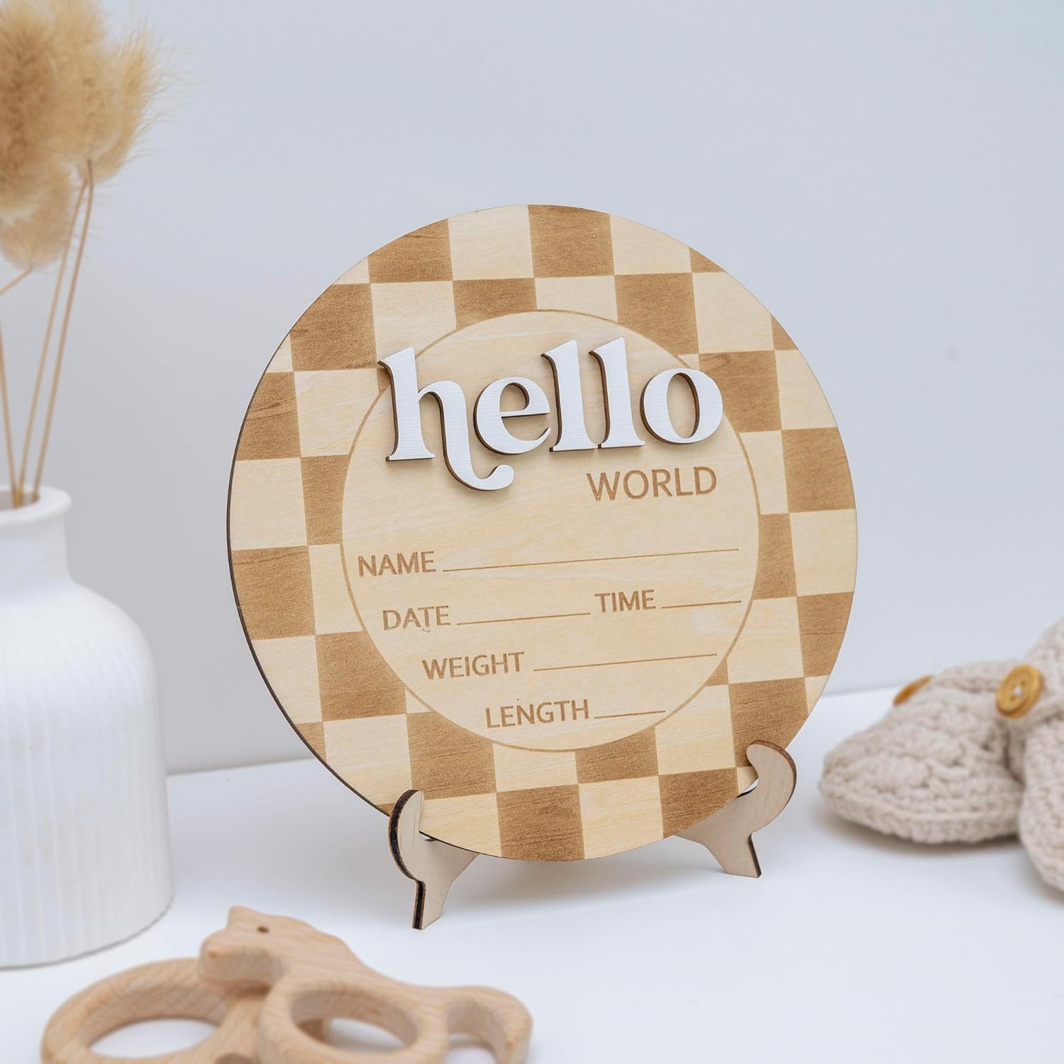 Baby Announcement Sign 6.5 Inch Wooden Hello World Newborn Welcome Sign Birth Name (Checkered)