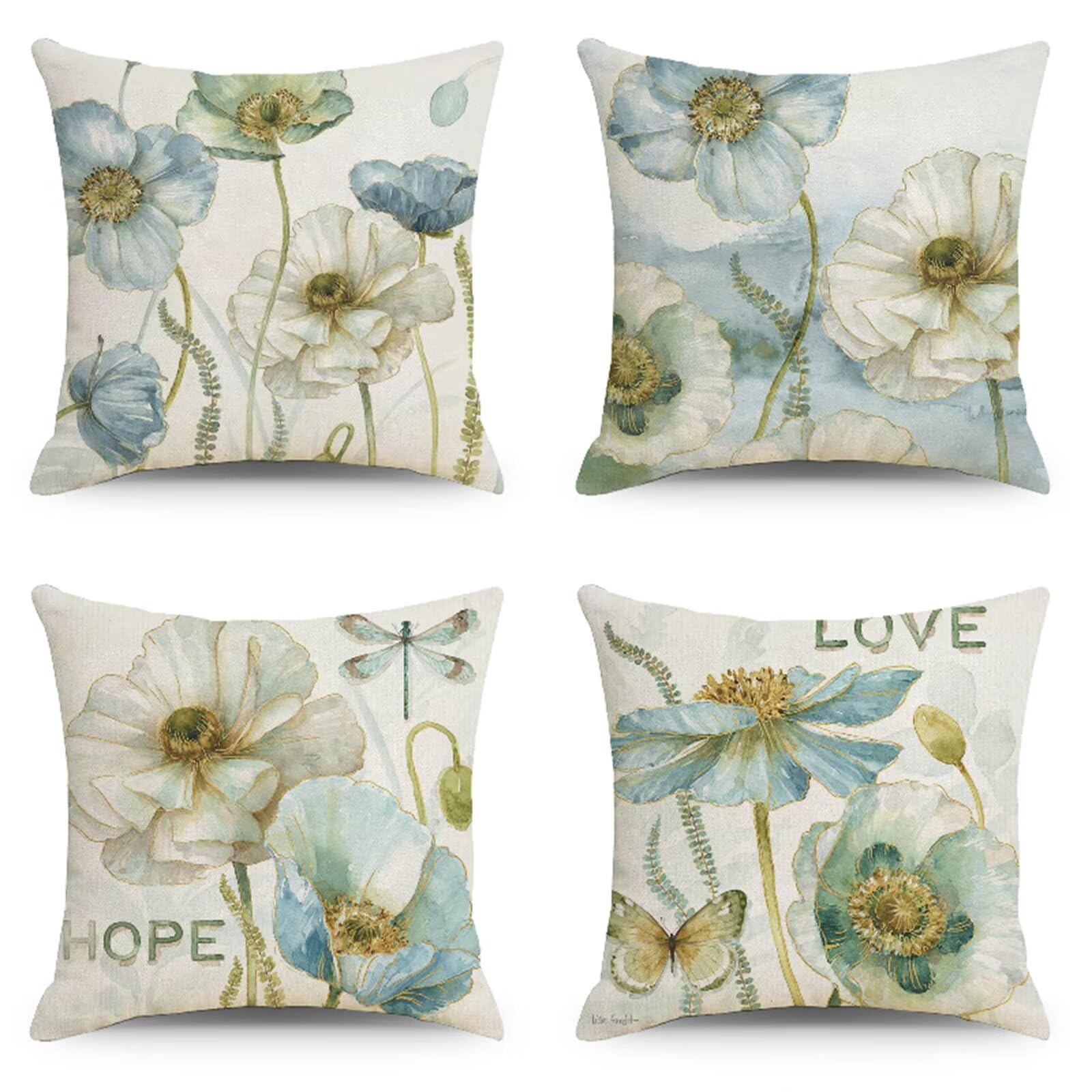 Juego de 4 Azul Moderno Fundas de Cojines,Flores abstractas Cojines Decoracion Impermeable 55x55cm,Otoño Fundas Cojín suave Decorativas,Sofá Sala de Estar Exterior Jardín Cojin,Cremallera Oculta HY573