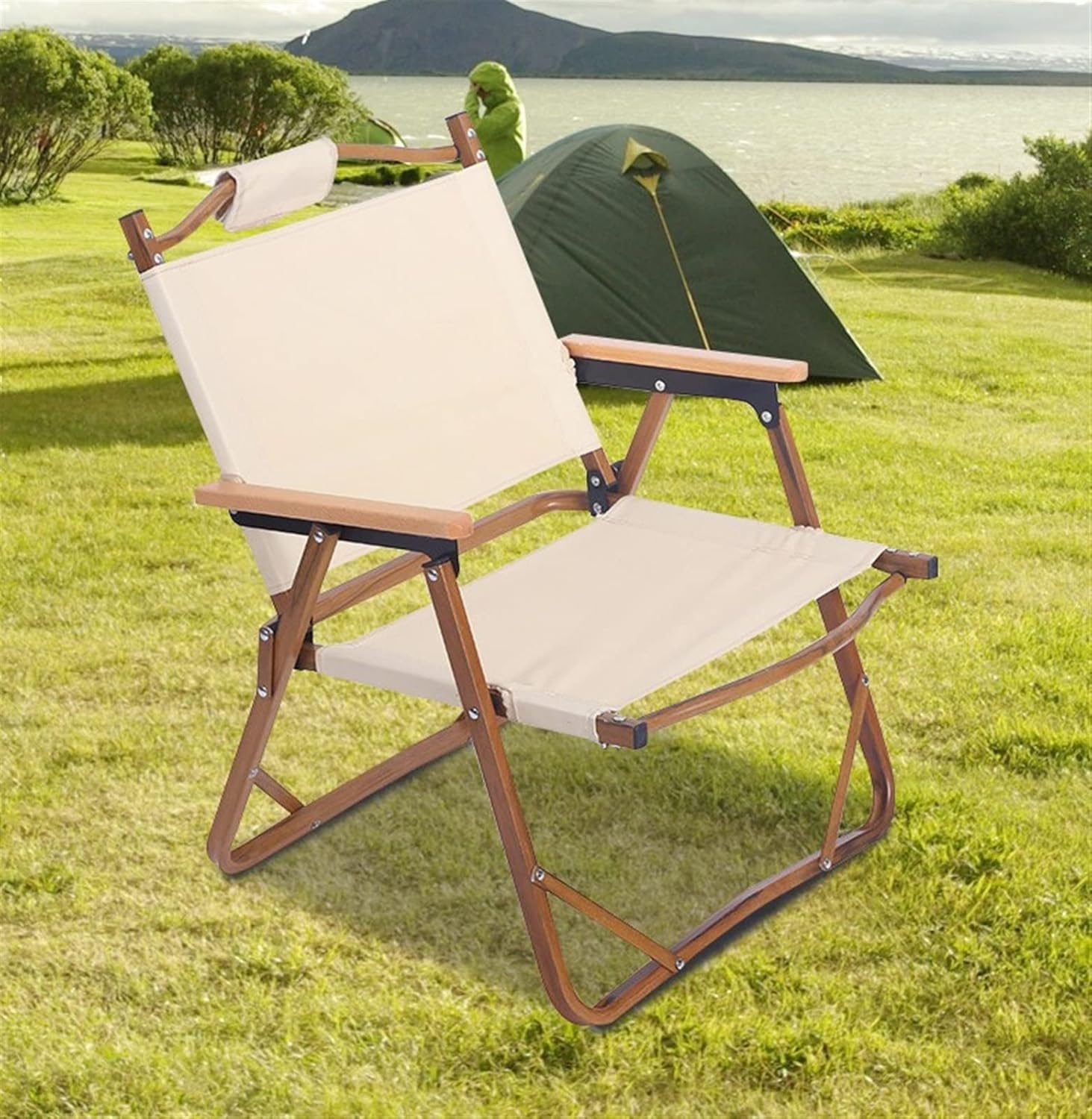 Portable Camping Chair Aluminum Wood Grain Folding Chair Outdoor Folding Chair Low Chair for Travel Camping (Color : Green)
