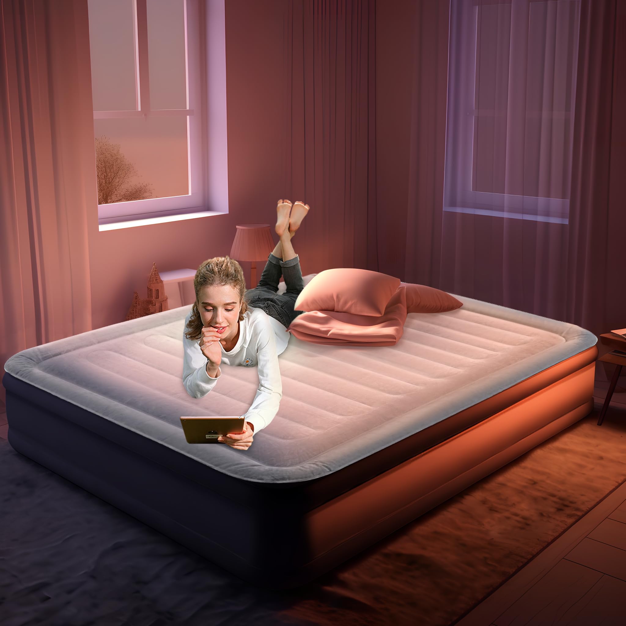 LILIIN Luftbett, Luftmatratze selbstaufblasend mit eingebauter elektrischer Pumpe, Aufblasbare Matratze für Camping & Gästebett, 195 x 152 x 46cm