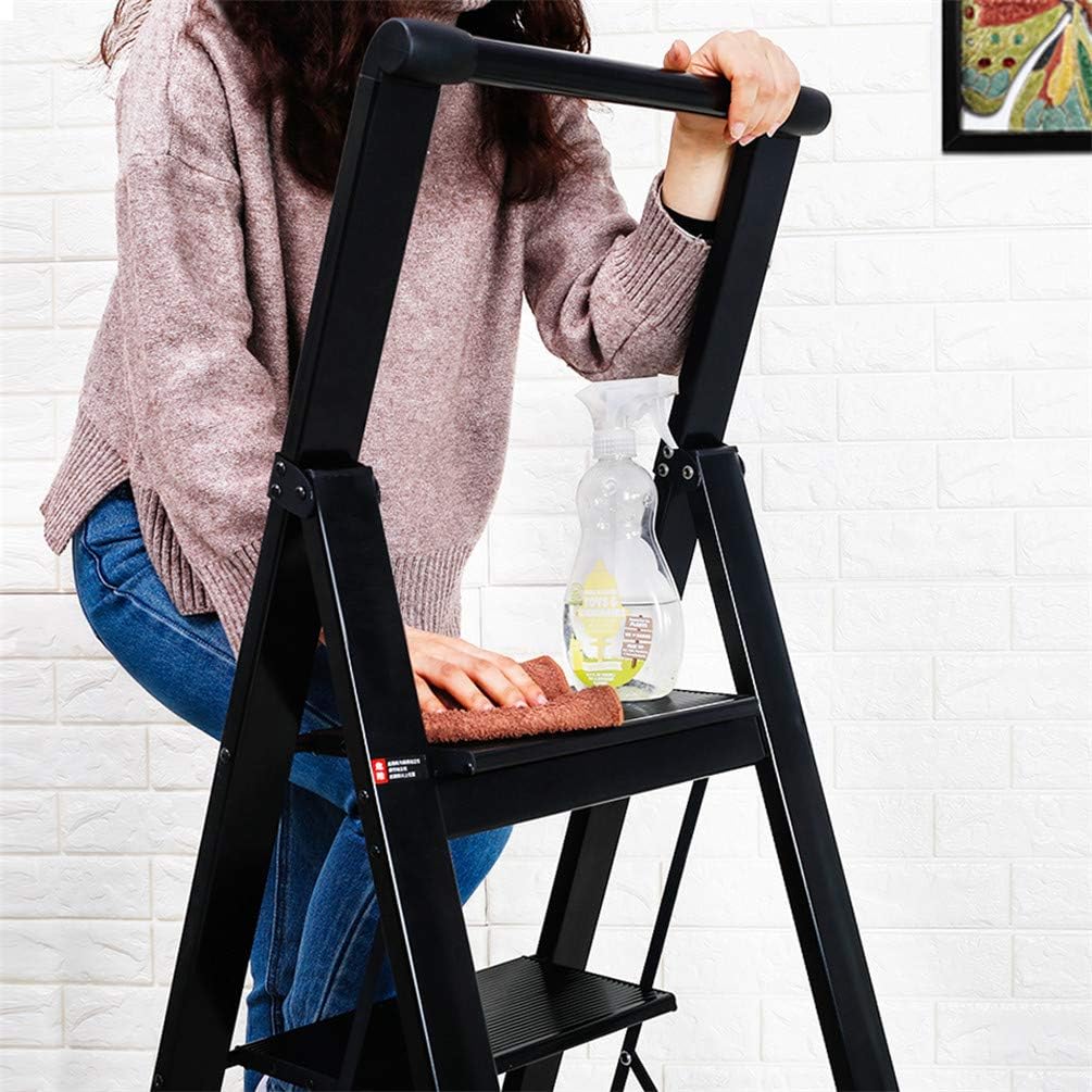 BAOYOUNI 3 Step Ladder Lightweight Folding Aluminum Step Stool Heavy Duty Stepladders Storage Shelf Rack with Anti-Slip Wide Pedal for Household, Office, Plant Pots Displaying - Black