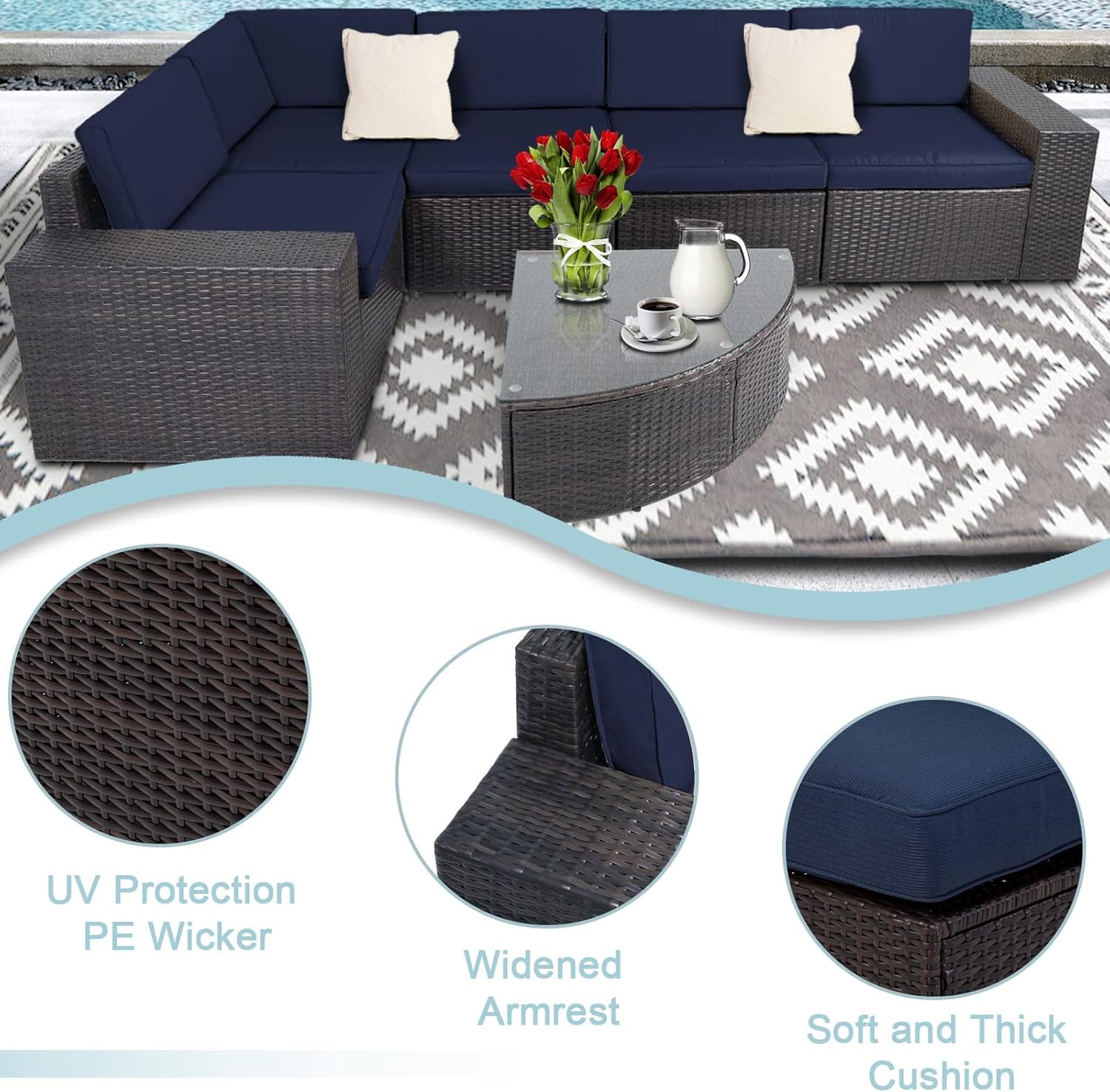 SUNCROWN 6-Piece Outdoor Sectional Patio Sofa Furniture Set, All-Weather Brown Wicker Conversation Set with Washable Cushions and Wedge Coffee Table, Navy Blue : Patio, Lawn & Garden
