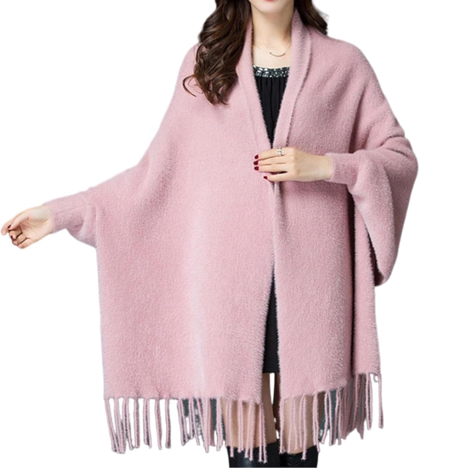 Générique Poncho Cape en Maille Douce pour Femme, Cardigan à Manches Longues Ouvert sur Le Devant avec châle à Pompons pour l'automne-Hiver
