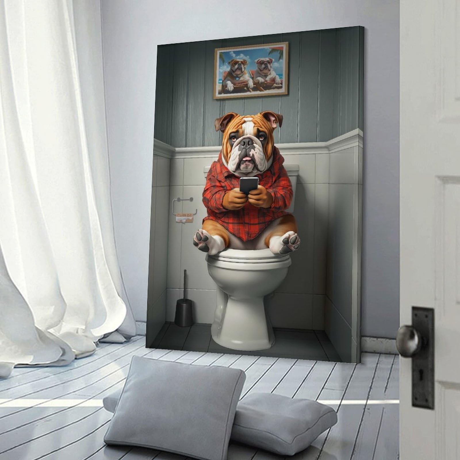 Junmoney Frame-Style-6 Canvas Wall Picture Bulldog On Toilet With Smartphone, 24X36inch(60X90cm), For Bedroom, Lounge Or Dressing Area, Stylish Decor For A Restful Room Update