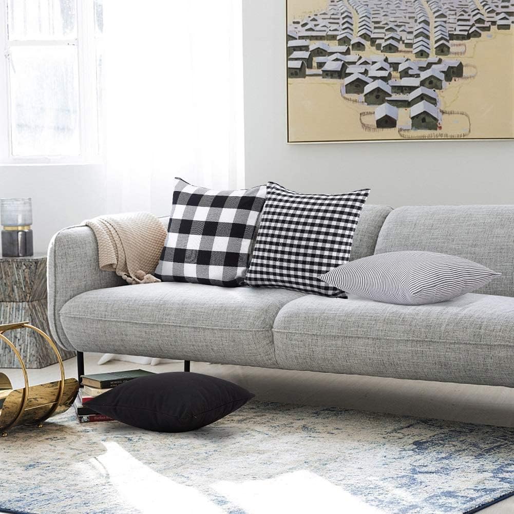 Throw Pillow Covers Set of 4, Plaid Pattern 18 X 18 Throw Pillow Covers Couch Sofa Pillow Covers Square Decorative Pillowcase for Sofa Bedroom Living Room Black