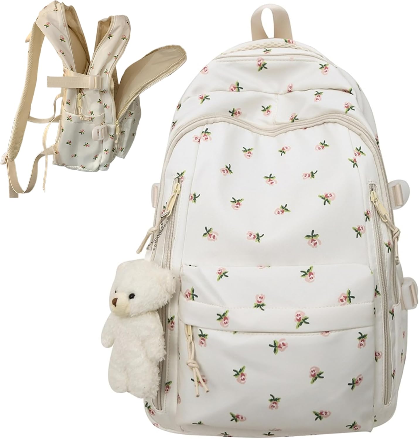 Floral Rose Backpack Large Capacity School with Bear Pendant for Women