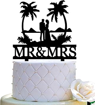 Tropical Beach Theme Cake Topper for Wedding Hawaii Beach Palm Tree Honeymoon Bride & Groom Travel Wedding Party Supplies Tropical Mr & Mrs Wedding Cake Decorations
