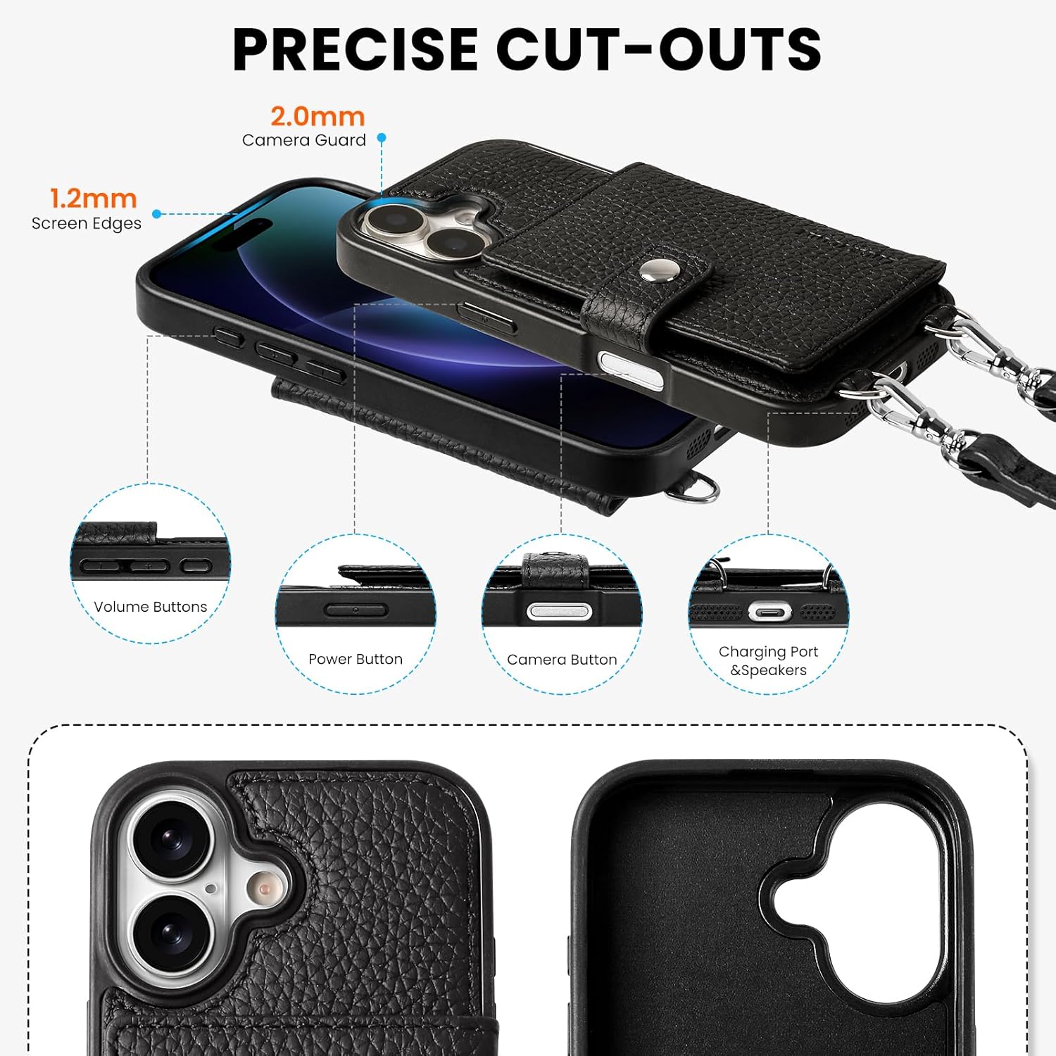 LUCKYCOIN Crossbody Wallet Case for iPhone 17 – Compatible with MagSafe, Premium Cowhide Leather with RFID-Blocking Card Holder & Adjustable Strap, Magnetic Hands-Free Phone Purse (Black)