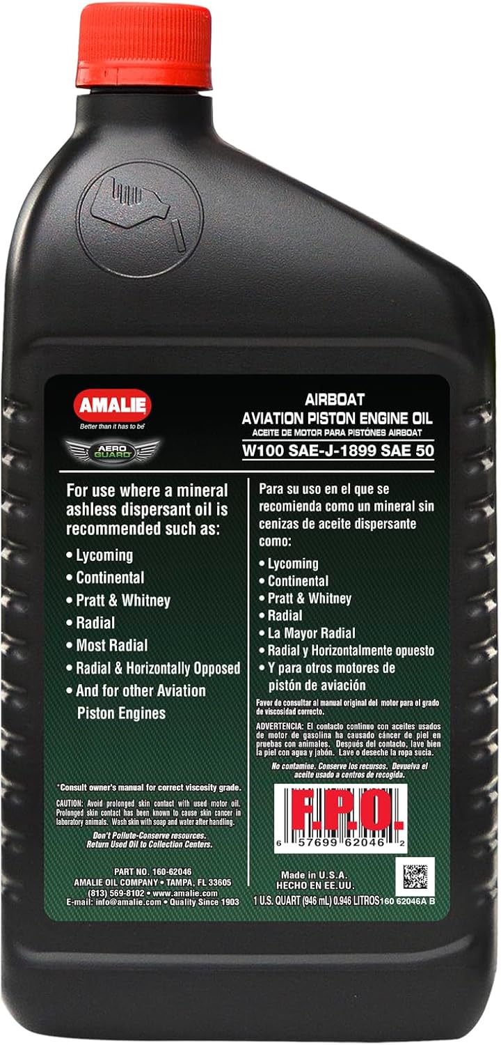 AMALIE Airboat Piston Engine Oil W100 SAE 50 (160-62046-56) 1 Quart Bottle, Pack of 12 | Made in USA