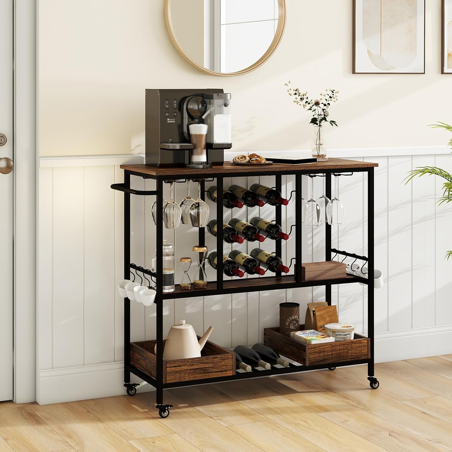 GIANTEX Carro de Servicio Industrial de 3 Niveles, Carrito de Cocina con Portavasos, Soporte para Botellas, 2 Bandejas Inferiores, Ruedas Universales con Cerradura para Comedor (Marrón)