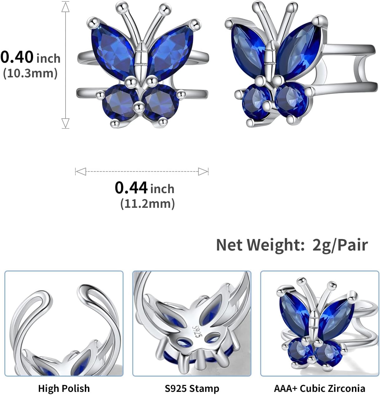 SILVERCUTE 925 Sterling Silver Butterfly Earrings for Women,Butterfly Birthstone Stud Earring/Ear Cuffs,Hypoallergenic Birthday Earrings for Women