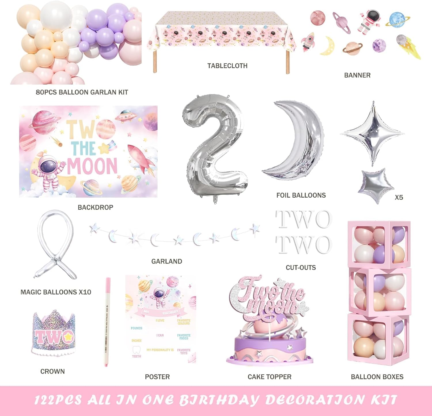 Two The Moon Birthday Girl – 122 PCs Outer Space Theme Party Supplies with Backdrop, Balloon Garland, Foil Balloon, Tablecloth, Crown, Cake Topper, Boxes, Banner, Cut-Outs, Poster
