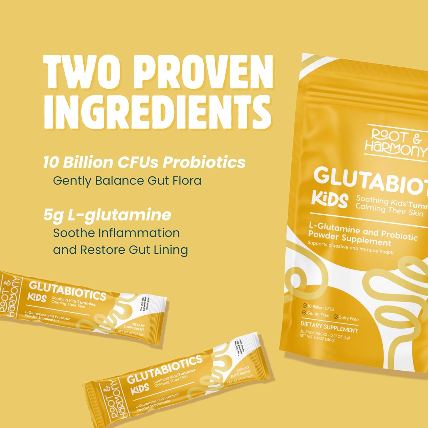 Root & Harmony Glutabiotics Kids Probiotic & L-Glutamine Powder – Daily Children's Gut Health, Skin & Immune Support Supplement, Unflavored, Dairy Free, Gluten Free, 10 Billion CFU, 30ct Bag - Image 3