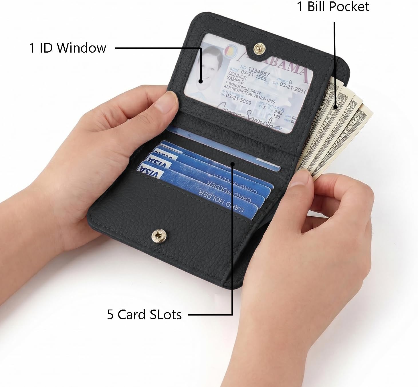 Genuine Leather Wallet Women’s Small Slim Wallet with RFID Protection, Compact Bifold Mini Purse with Clear ID Window，Credit Card Holder, Thin Genuine Leather Zipper Pocket (Black) image 3