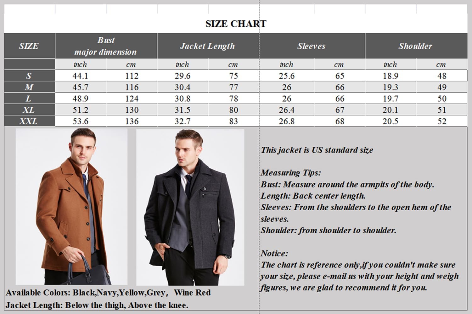 INVACHI Men's Wool Blend Coat Warm Winter Trench Coat with Detachable Soft Scarf Single Breasted Pea Coat - Image 7