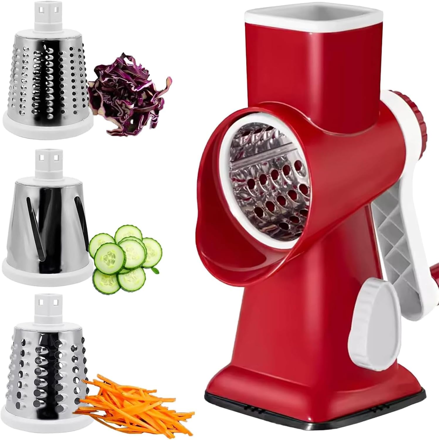 Rotary Vegetable Cheese Grater, Multifunction Hand Crank Grater Slicers with 3 Blades & Easy to Clean Grater, Compact Design & Stable Suction Base, Suitable for Fruit, Vegetables, Nuts