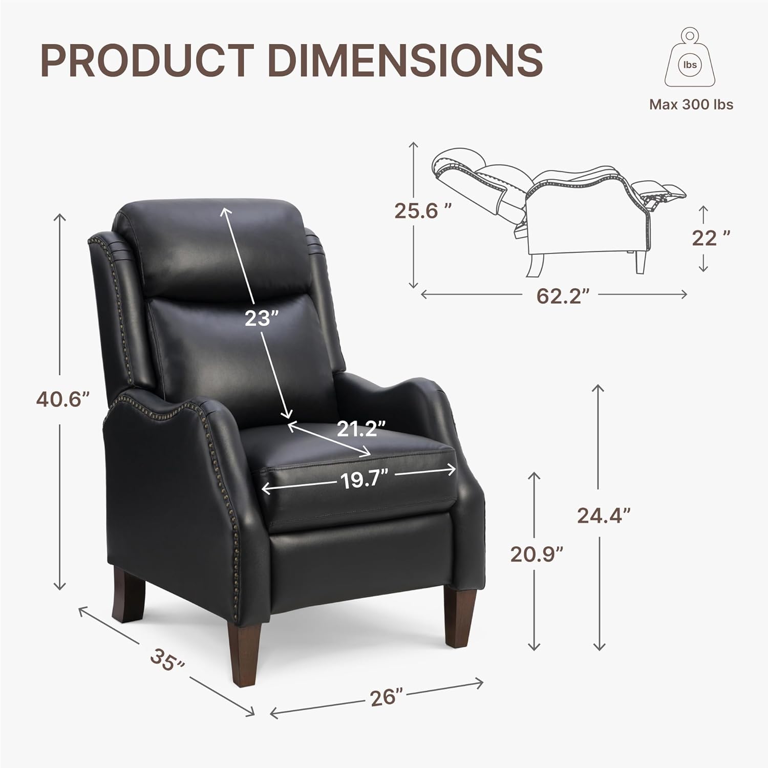 Leather Pushback Recliner Faux Armchair with Rivet Decoration Single Sofa Accent Chair for Living Room Bedroom