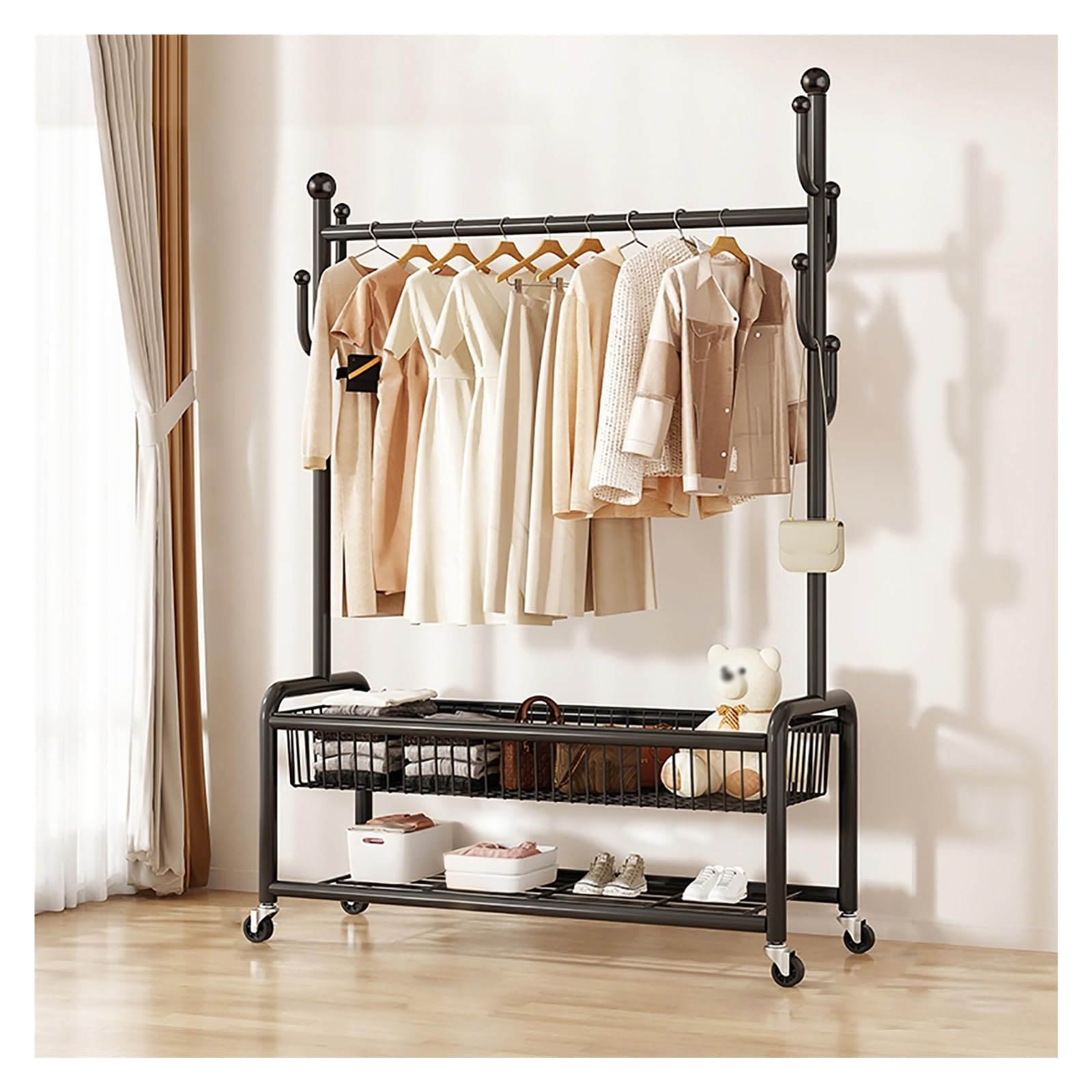 XDLEDMKIZ Portable Clothing Rack, Metal Garment Rack on Wheels, Freestanding Clothes Hanger with Storage Shelves for Bedroom, Living Room - Black, 120cm/47.2in