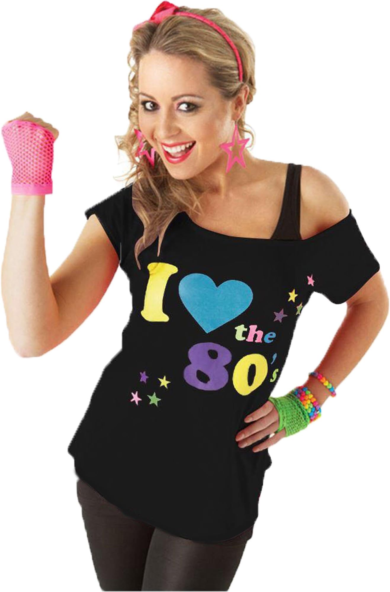 Candid StylesWomens I Love The 80s Printed Off Shoulder Bardot Retro Popstar T Shirt Top 8-22