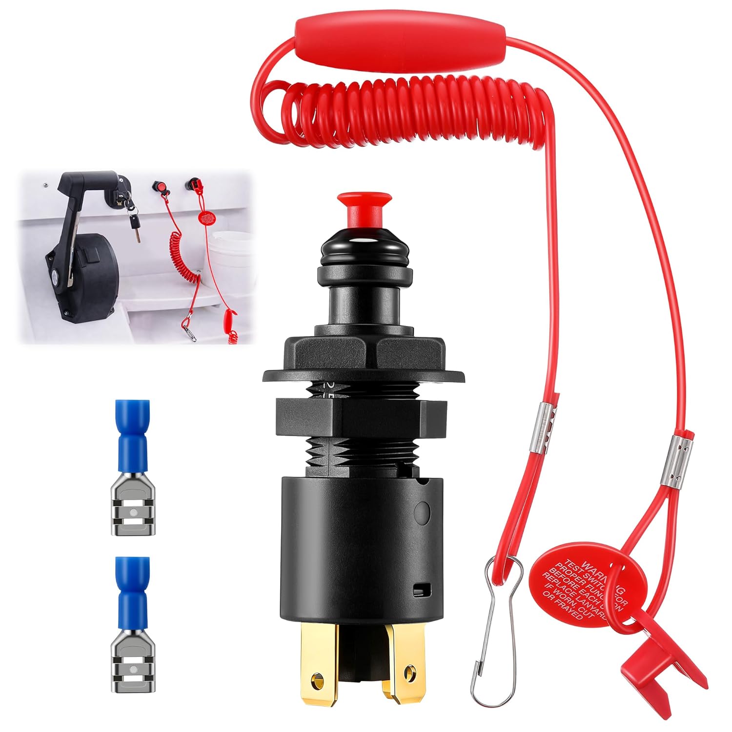 Marine Universal Emergency Cut Off Switch, Kill Switch for Boat, 12V DC Marine Kill Shut Off for Boat Motorcycle ON Water & ATVs, Dual Circuit Ignition Cut Off with Coiled Lanyard, Float & Snap Hook