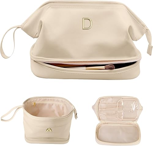 Miniatura 95 de Regalo de cumpleaños para hija - Bolso grande de maquillaje inicial, bolso cosmético personalizado de doble capa con organizador de brochas