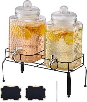 VEVOR Beverage Dispenser, 2 Pack 5.5L Drink Dispensers for Parties, Glass Juice Dispenser with Metal Stand, Stainless Steel Spigot, Iced Tea Lemonade Juice Water Dispensers for Parties