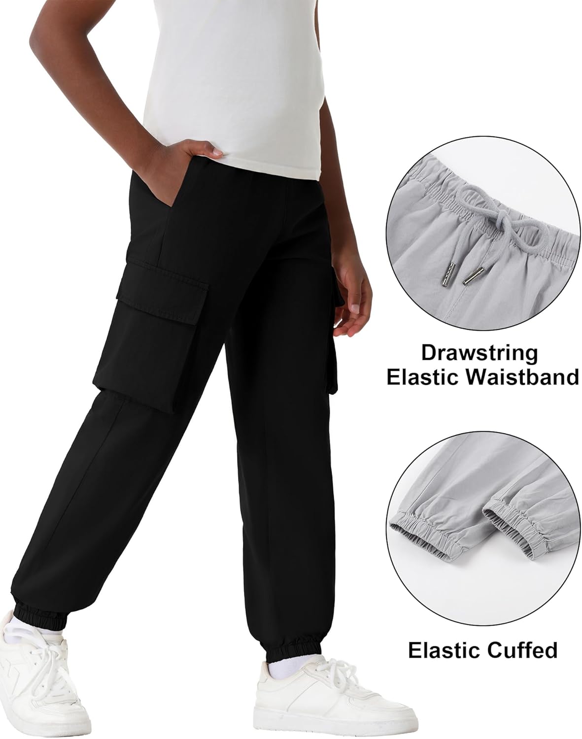 EXARUS 3 Pack Boys Cargo Joggers Pants Kids Cotton Quick Dry Lightweight Drawstring Hiking with Pockets Elastic Waist - Image 4