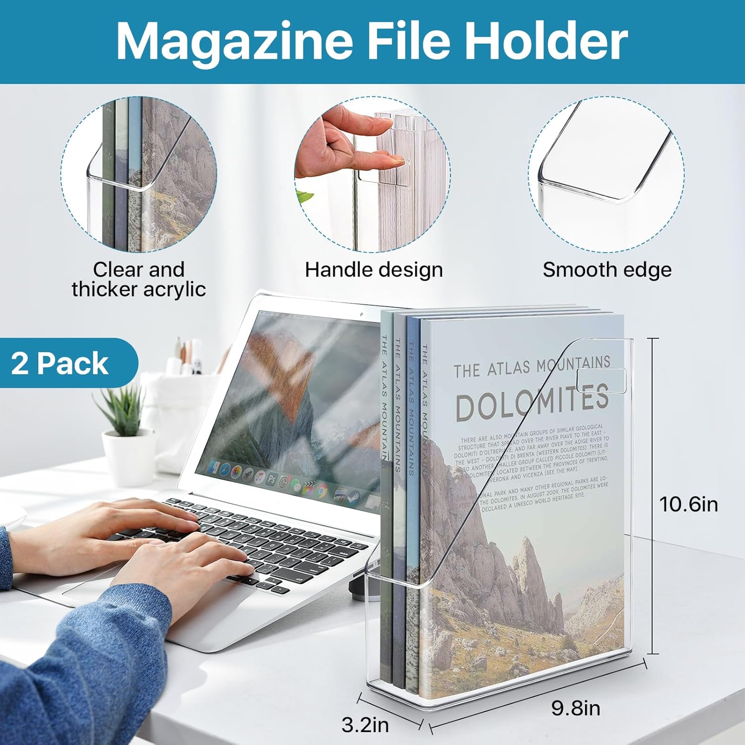 2 Pack Acrylic Magazine File Holder, Clear A4 Vertical File Organizer with Handle, Desk Organizer Magazine Document Rack, Slim Vertical Folder Bin for Home Office School Supplies