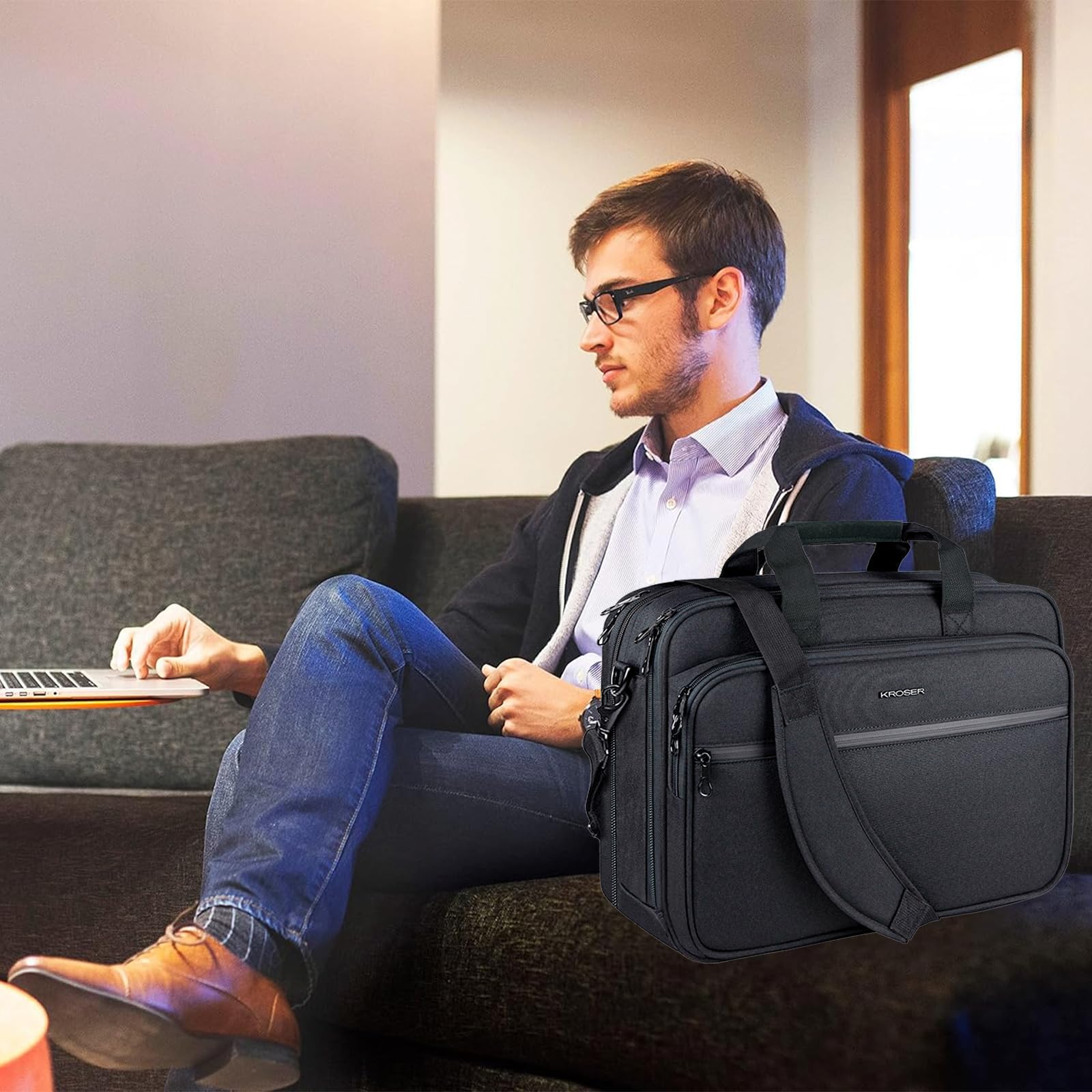KROSER 18" Laptoptasche Aktentasche Passt bis zu 17,3 Zoll Laptop, Schwarz | Erweiterbar, Wasserdicht, Umhängetasche Computer Tasche Für Reisen/Business/Schule MEHRWEG