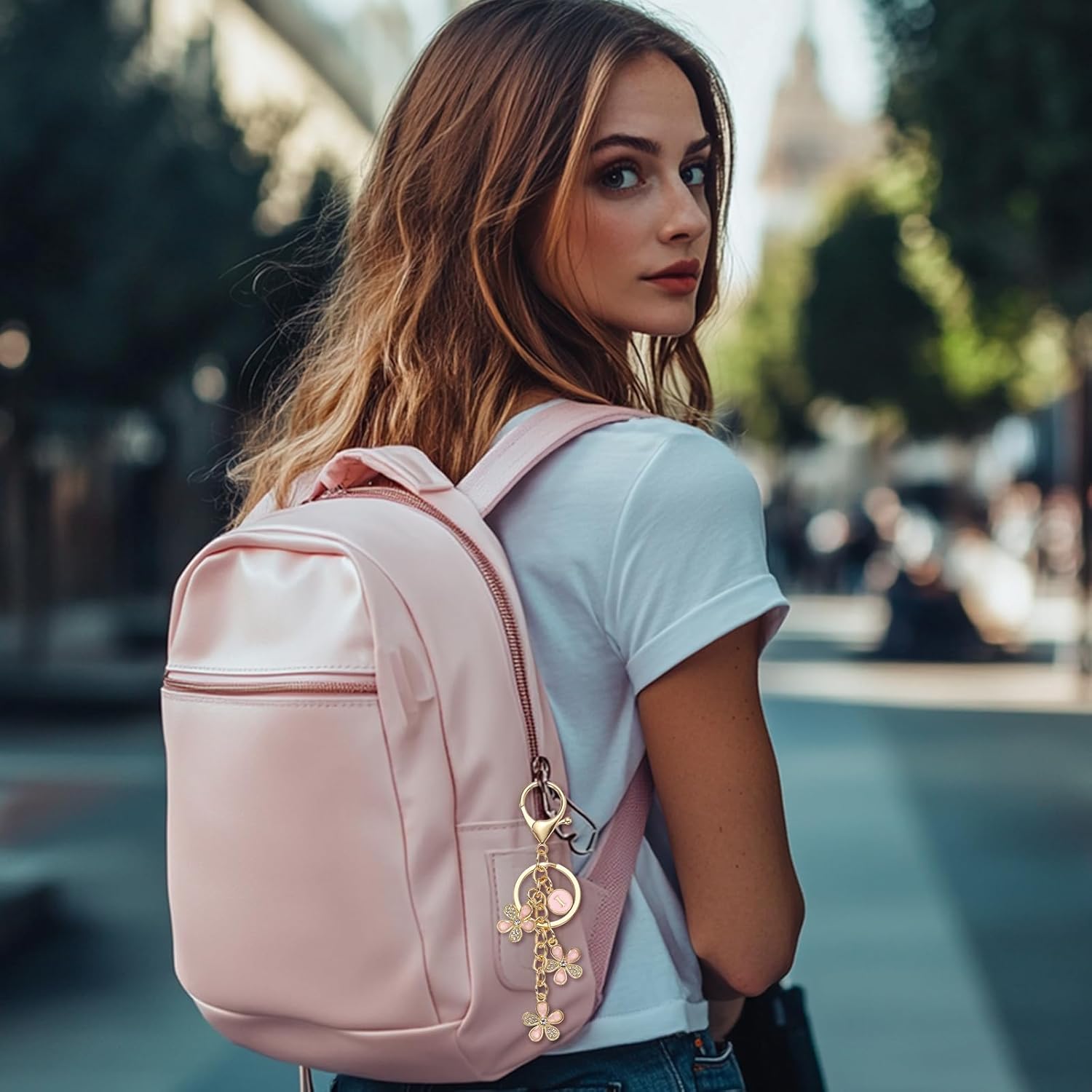 PATIKIL Initial Letter Flower Keychain, Cute Cherry Blossom Rhinestone Keyring for Women Girls Purse Backpack - Image 7