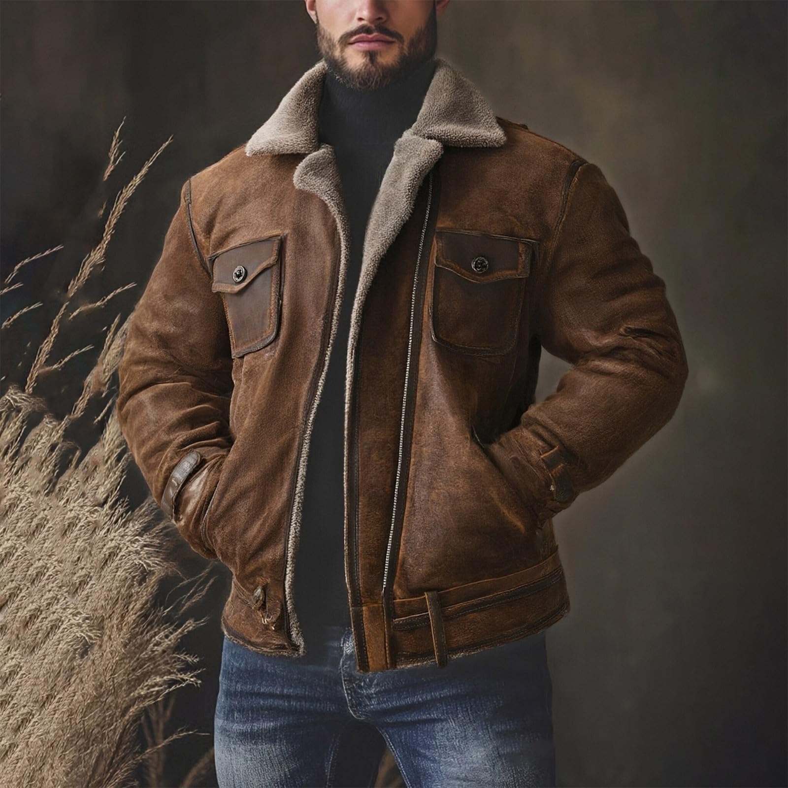 Giacca da camionista da uomo vintage in shearling con colletto in pile