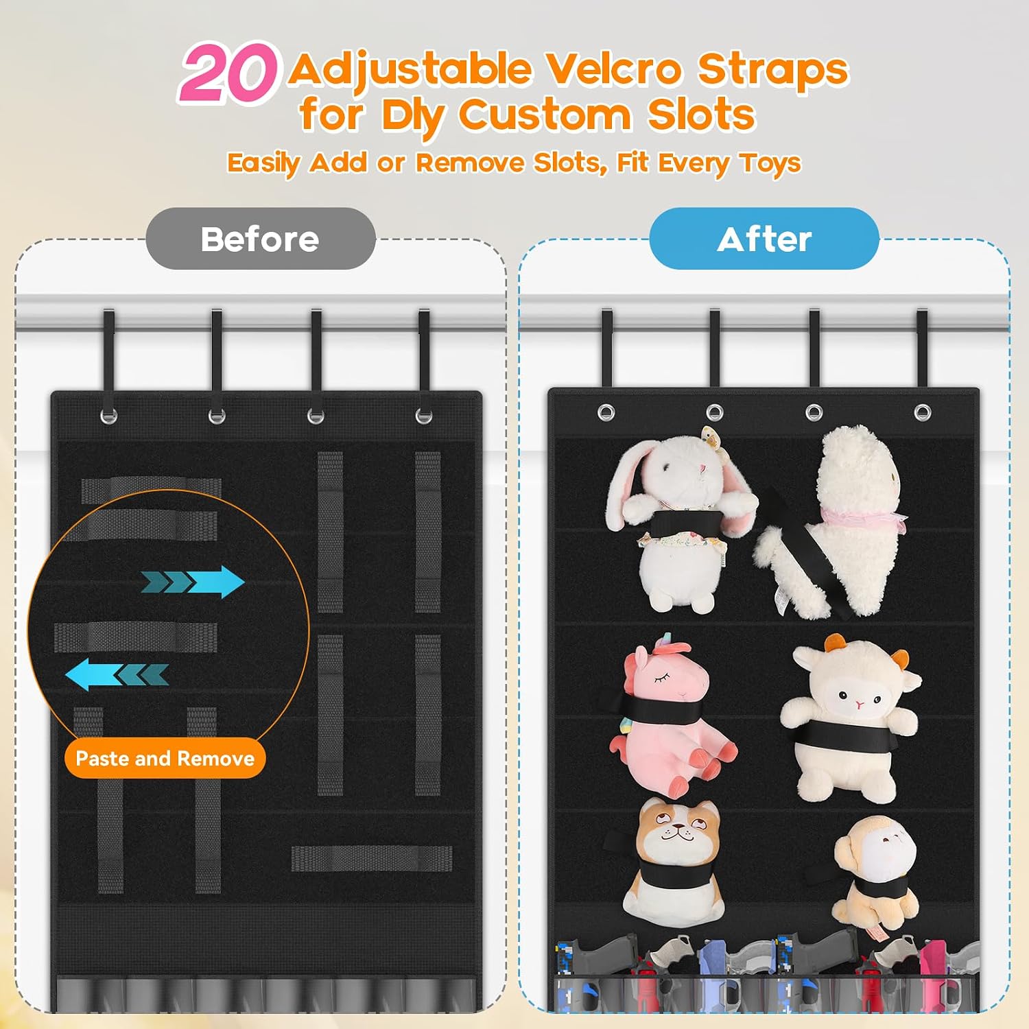 Stuffed Animal Storage, Over the Door Organizer for Toy Guns, Toy Organizers and Storage for Kids Foam Blasters, Darts, Goggles, Nerf Guns Storage for Kids Rooms, Game Rooms