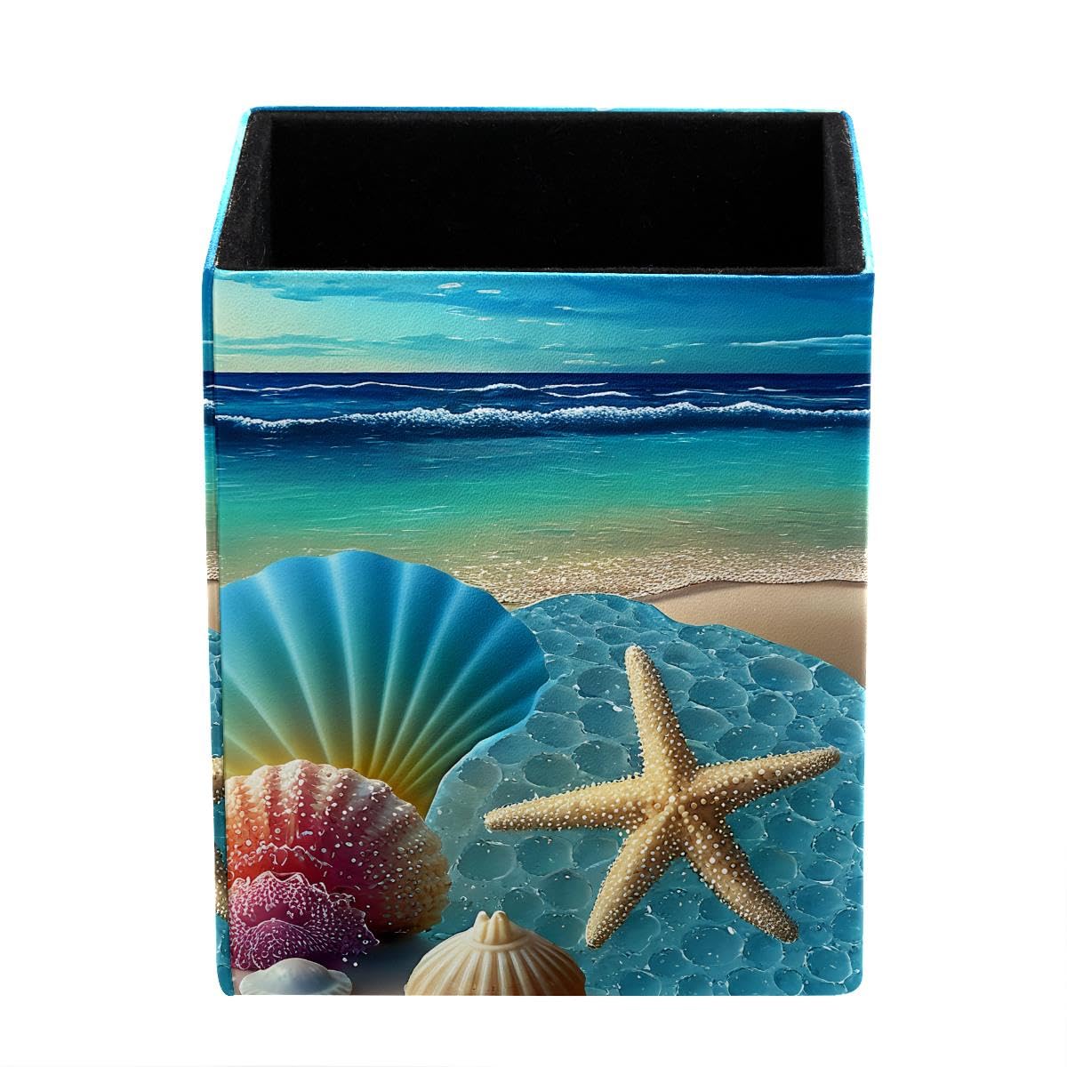 HEOEH Beach Starfish Shells Pen Holder Pen Pot, Square Pencil Cup for Desk