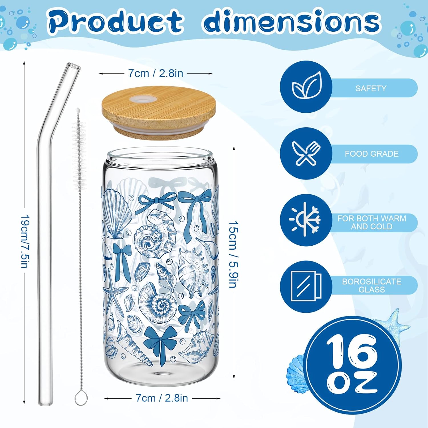 Skylety 6 Set Ocean Glass Cups Beach Cup Coastal Sea Life Theme Blue Can Shaped Drinking Cups with Straws and Lids 16 oz Iced Coffee Glasses Tumbler Gift for Mom Summer Decor Women Gifts, 7 Brushes