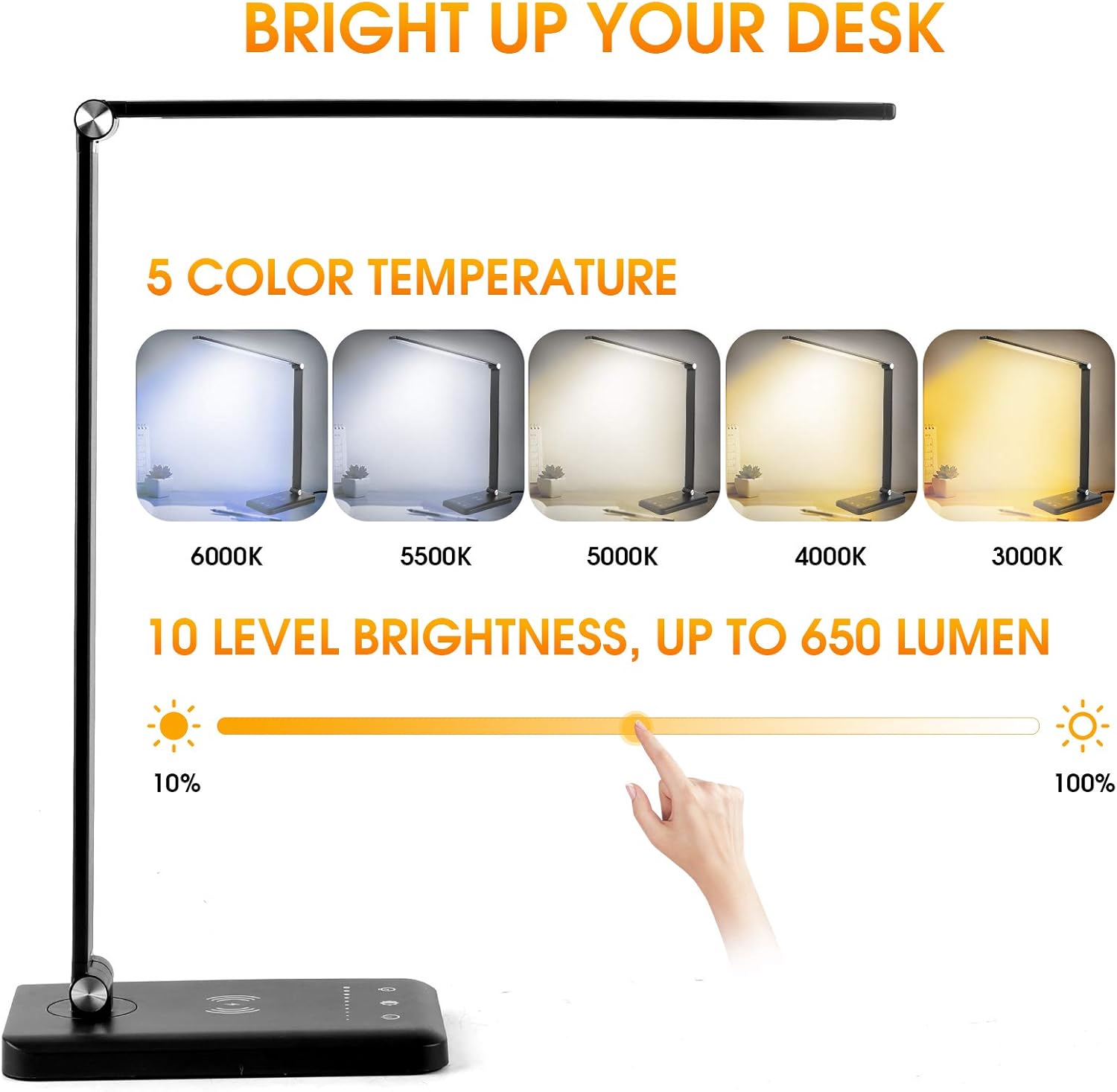 LED Desk Lamp with Wireless Charger, USB Charging Port, Modern Eye-Caring Desk Lamps for Home Office, 5 Lighting Modes and 10 Brightness Levels, Bright Table Light with Touch Control, 30/60 Mins Timer - - 