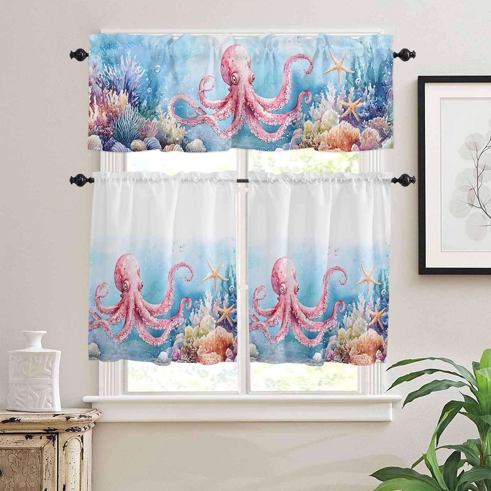 Octopus Kitchen Curtains 36 Inch Length, 3 Piece Rod Pocket Small Half Tiers and Valance Set, Coastal Starfish Watercolor Blue Ocean Coral Small Large Window Treatment Decor for Bedroom/Bathroom Sink