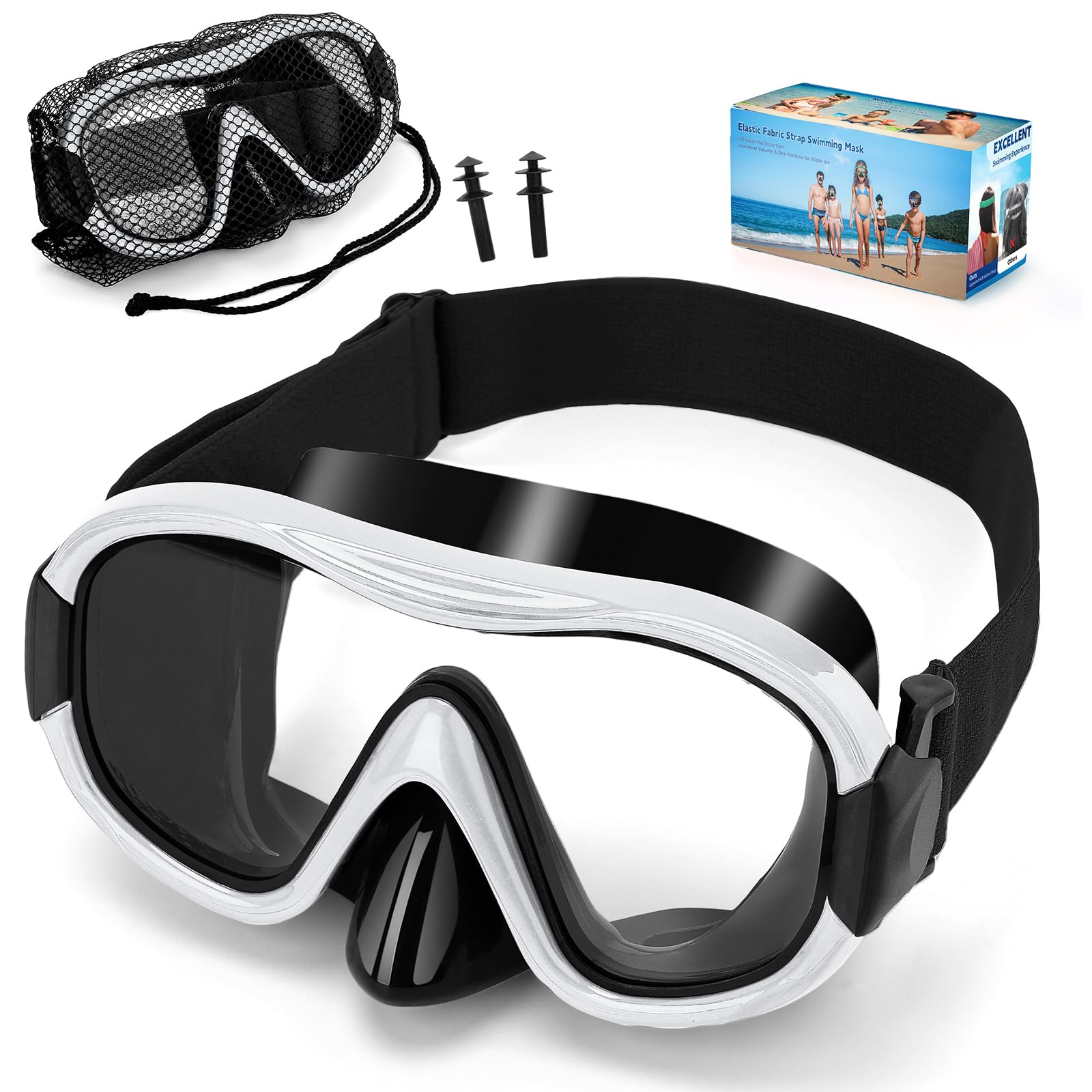 Diving Mask , Professional Anti-Fog Snorkel Goggles, Anti-Leak Swim Mask with Soft Adjustable Strap &amp; Mesh Bag, Earplug