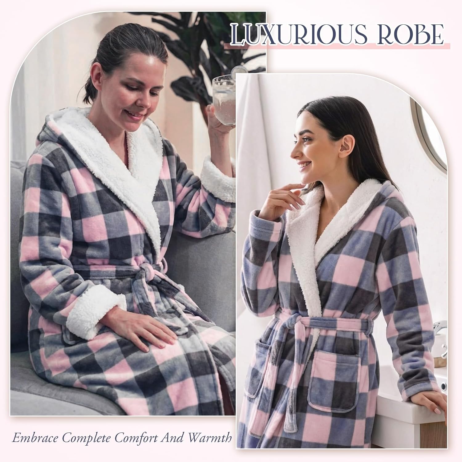 Bonuci Plush Hooded Robe for Women Long Flannel House Coat Soft Warm Fuzzy Bathrobe Sleepwear Bath Spa Valentine Winter Gift