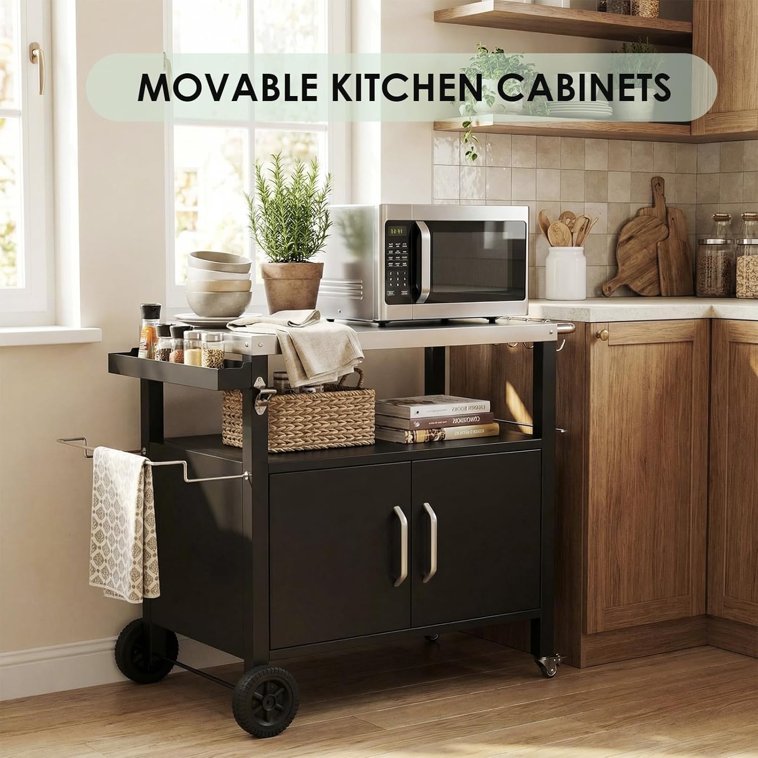 LIFERUN Outdoor Grill Cart with Storage Cabinet, XL Outdoor Kitchen Island with Stainless Steel Top, Outdoor Grill Station with 2 Lockable Wheels and 4 Hooks for BBQ Food Prep & Outside Dining