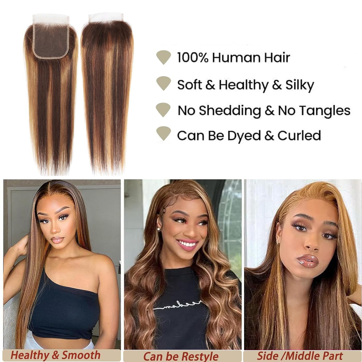 Highlight Closure Human Hair 4x4 Lace Closure Straight Ombre Color Chocolate Brown to Caramel Blonde Remy Hair Lace Closure With Natural Hairline Free Part 18 inch(18 inch #P4/27) - Image 4