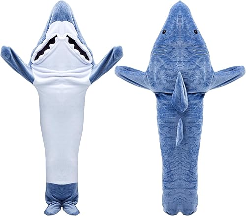 Manta de diseño de tiburón, manta de diseño de tiburón con capucha de franela de forro polar divertido traje de tiburón cosplay