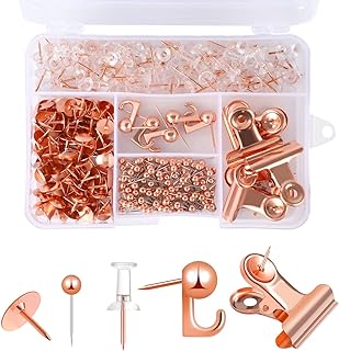 310 Pcs Rose Gold Push Pins Set, Thumb Tacks Decorative Push Pins for Cork Board with Push Pin Hook Pushpin Clip 5 Style Office Accessories for Cork Board Map Office (Rose Gold)