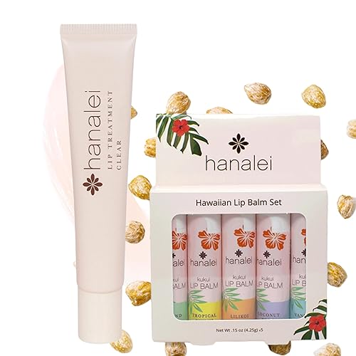 Hanalei Kukui Oil - Juego de bálsamo labial tropical transparente de 0.51 onzas (0.53 oz) y 5 piezas, fabricado con botánicos hawaianos, sin