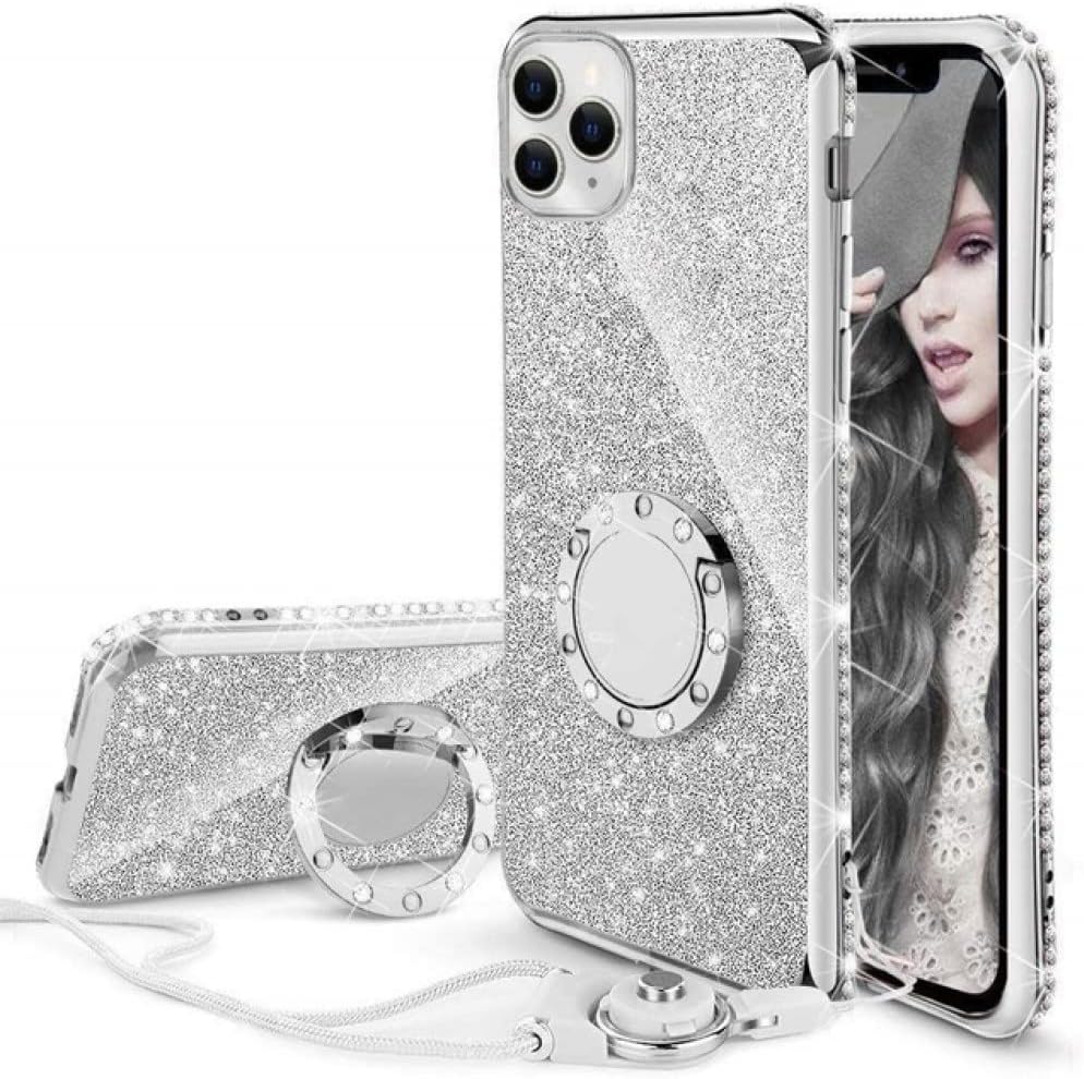Diamond Case for iPhone 11 Pro Max XS Max XR X Cover Crystal Glitter Bling Ring Kickstand for iPhone 12 7 8 Plus X Bumper Case,Silver Ring Lanyard,for iPhone 11 pro