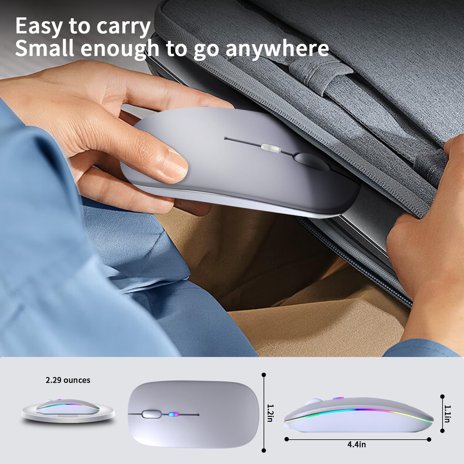 KANMABPC Ratón Bluetooth inalámbrico, recargable, silencioso, modo dual (Bluetooth 5.2 y USB) con luces LED, portátil para laptop, computadora de escritorio y tableta (plateado)
