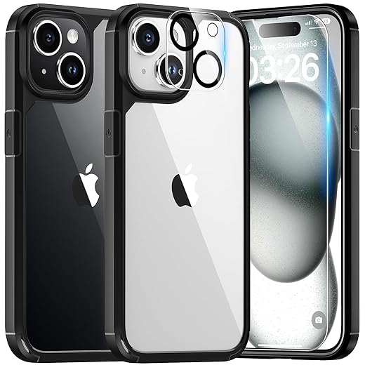 TAURI for iPhone 15 Plus Case, [5 in 1] 1X Black Case [Not-Yellowing] with 2X Tempered Glass Screen Protector + 2X Camera Lens Protector, [Militarized Drop Defense] Slim Phone Case 6.7 inch, Black