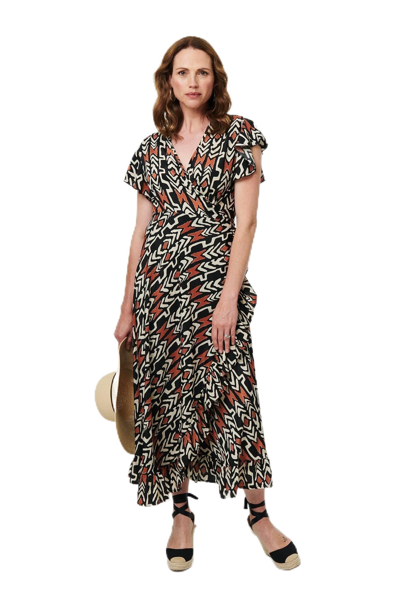 Izabel London Women's Black Abstract Frilled Sleeve Wrap Midi Dress In | : Large