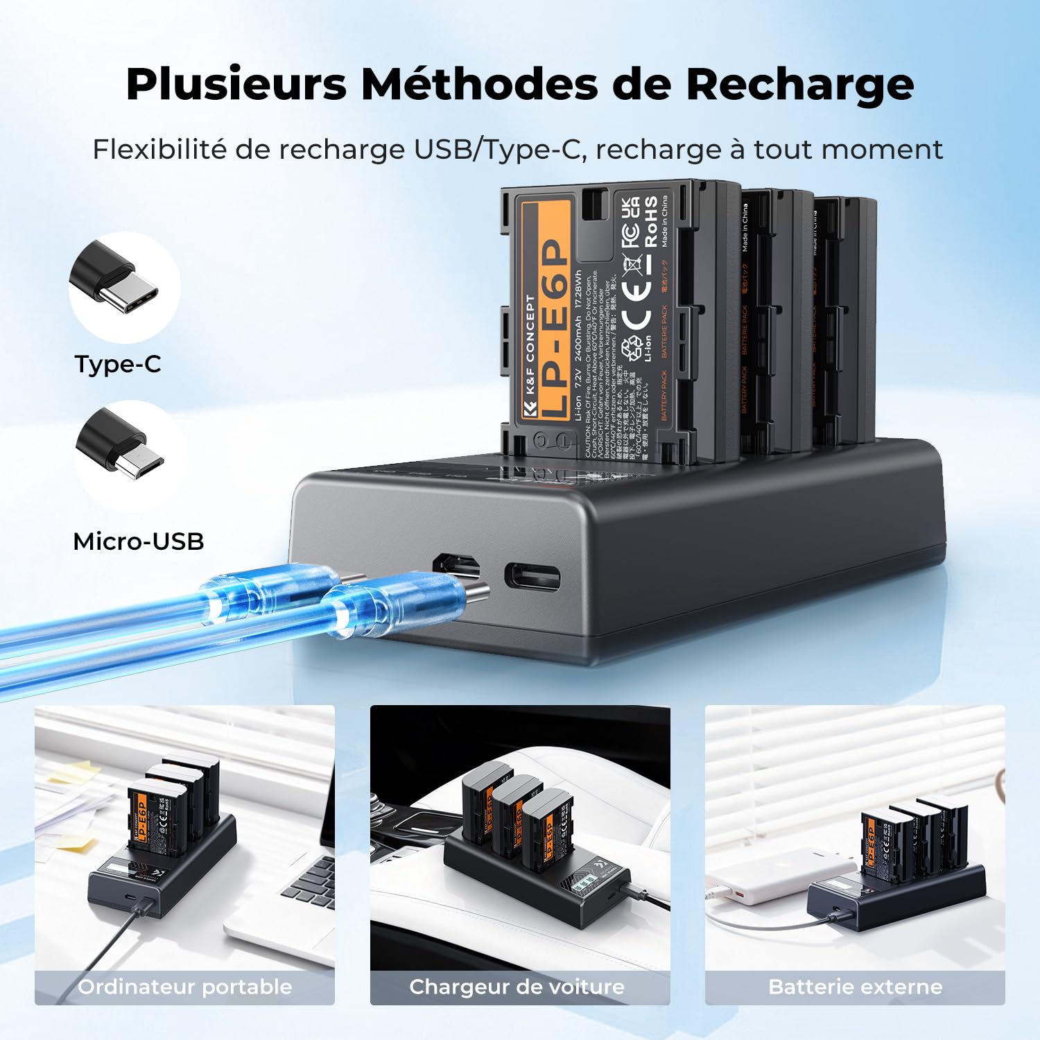 K&F CONCEPT LP-E6P Batterie et Chargeur 3x2400mAh Compatible avec Canon R7 | Compatible avec Les modèles Canon EOS R6 Mark II, R5 Mark II, R6, R6V, R5, 5D III, 5D IV, 5DS, 6D, 6D II, 7D, 80D,90D et C50