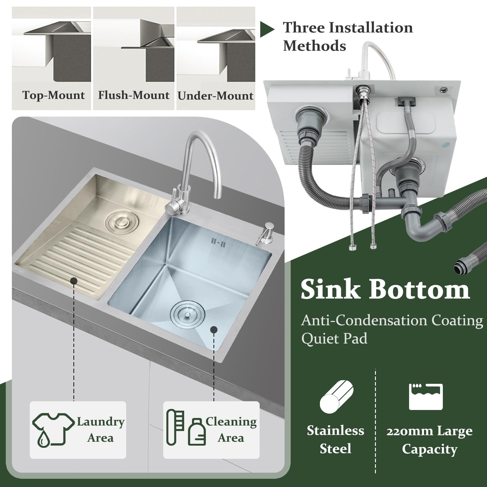 Stainless Steel Laundry Sink With Washboard – Handmade Utility Basin For Laundry Room, Workshop & Garage – Durable Brushed Finish, Deep Basin With Efficient Drainage(Left-a,60cm)